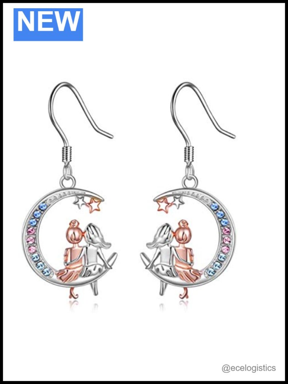 Sterling Silver Crescent Moon Dangle Earrings Austrian Crystal Sisters Jewelry